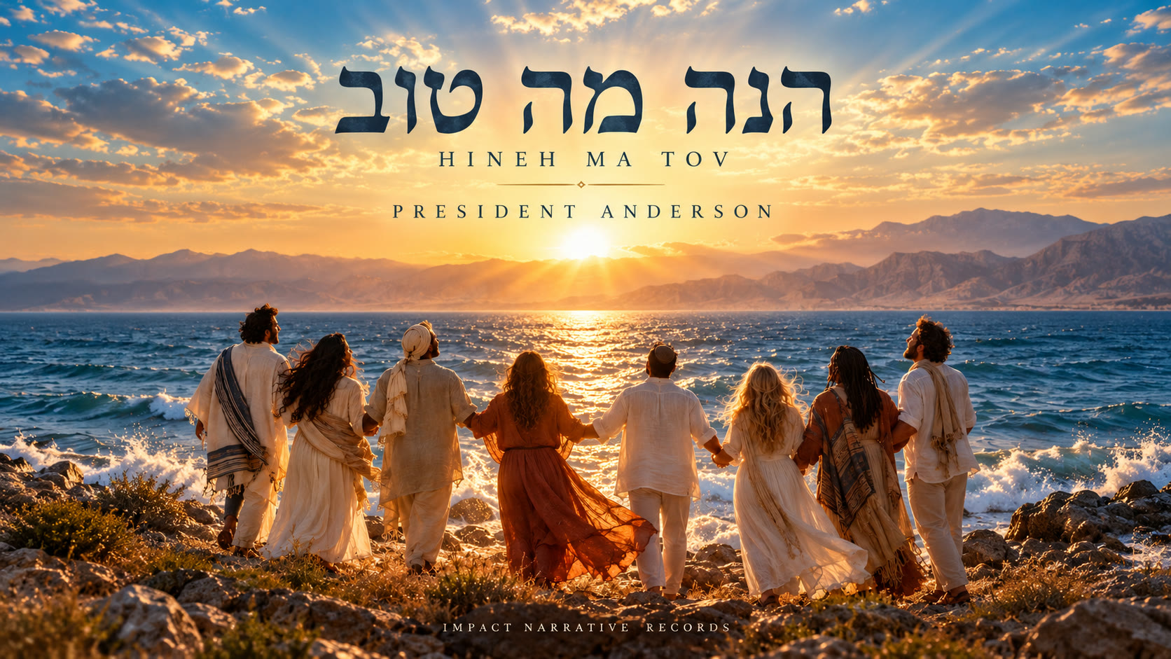 הנה מה טוב, Hineh Ma Tov, President Anderson. Eight people in linen and terracotta hold hands on a rocky shore, facing a golden sunrise over the sea and mountains.